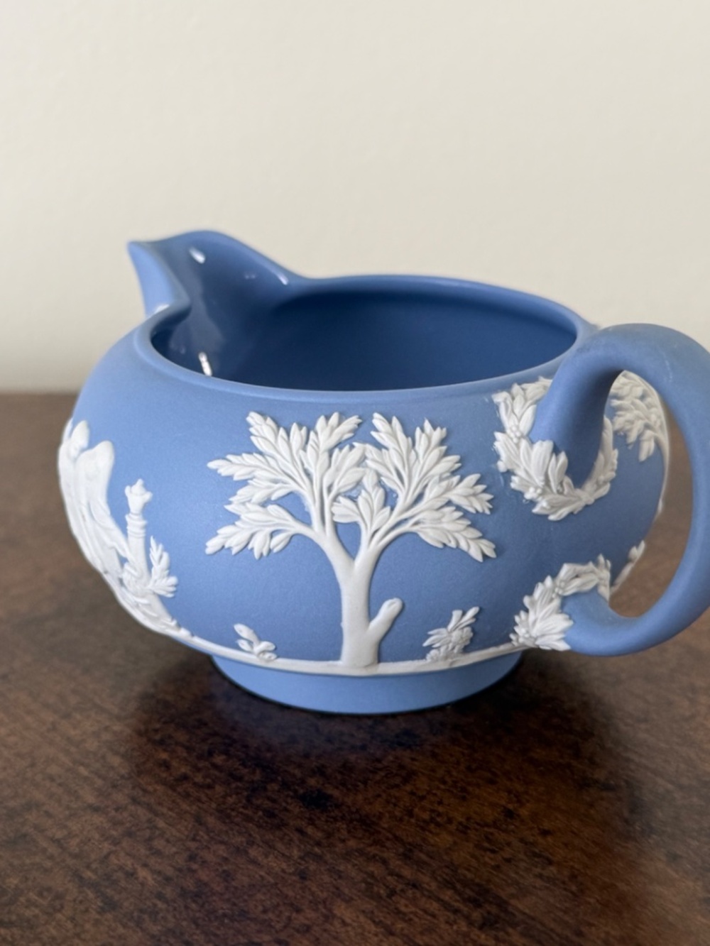 Wedgwood Blue Jasperware Creamer Features Classical White Relief Figures.
